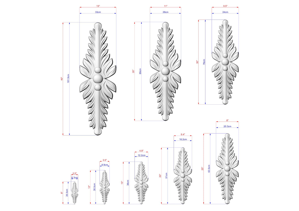 a collection of nine identical white, leaf-like sculptures with varying sizes, each accompanied by its own set of measurements in millimeters. The sculptures are arranged in a grid-like pattern, with each row containing three sculptures. The image does not contain any text or additional objects, and the relative positions of the sculptures to each other remain consistent throughout the grid.