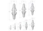 a collection of nine identical white, leaf-like sculptures with varying sizes, each accompanied by its own set of measurements in millimeters. The sculptures are arranged in a grid-like pattern, with each row containing three sculptures. The image does not contain any text or additional objects, and the relative positions of the sculptures to each other remain consistent throughout the grid.