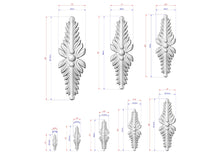 Load image into Gallery viewer, a collection of nine identical white, leaf-like sculptures with varying sizes, each accompanied by its own set of measurements in millimeters. The sculptures are arranged in a grid-like pattern, with each row containing three sculptures. The image does not contain any text or additional objects, and the relative positions of the sculptures to each other remain consistent throughout the grid.
