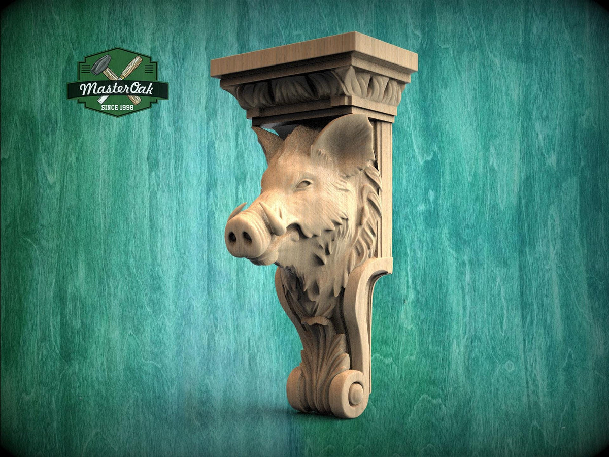 Carved wooden wild boar corbel with sculpted boar head, tusks, and classical bracket base, shown as decorative wall bracket for rustic interiors.