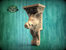 Load image into Gallery viewer, Carved wooden wild boar corbel with sculpted boar head, tusks, and classical bracket base, shown as decorative wall bracket for rustic interiors.
