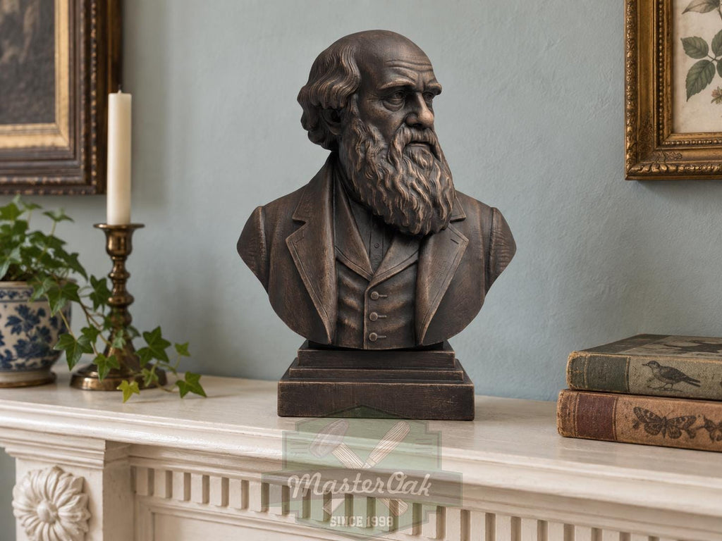 Charles Darwin Bust, Hand-Finished Wood Sculpture | Biology & Science Decor