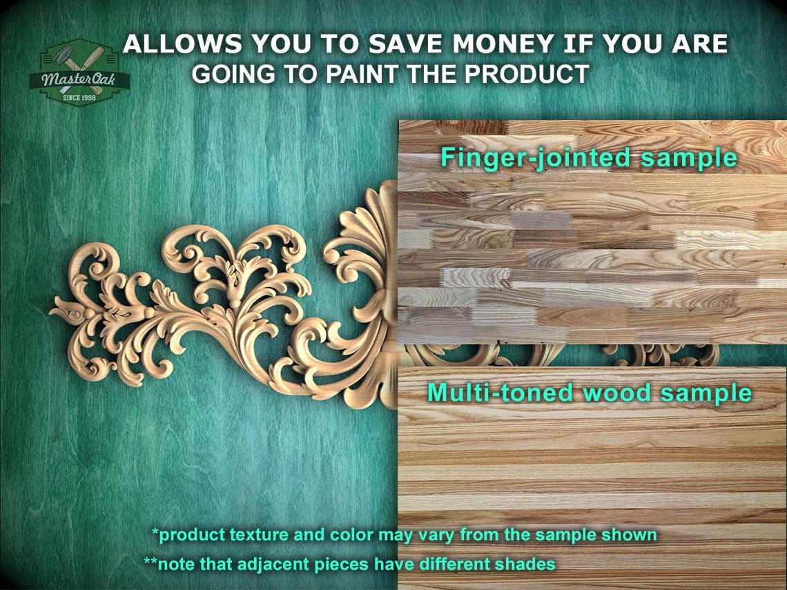 The image is a promotional advertisement for Master Oak, a company that sells wood products. It features a close-up of a wooden sample with intricate carvings, along with a sample of multi-toned wood. The text on the image encourages viewers to save money by painting the product, highlighting the differences between the sample and the multi-toned wood sample. The text also mentions that the product texture and color may vary from the sample shown, and that adjacent pieces have different shades.