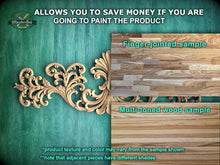 Load image into Gallery viewer, The image is a promotional advertisement for Master Oak, a company that sells wood products. It features a close-up of a wooden sample with intricate carvings, along with a sample of multi-toned wood. The text on the image encourages viewers to save money by painting the product, highlighting the differences between the sample and the multi-toned wood sample. The text also mentions that the product texture and color may vary from the sample shown, and that adjacent pieces have different shades.
