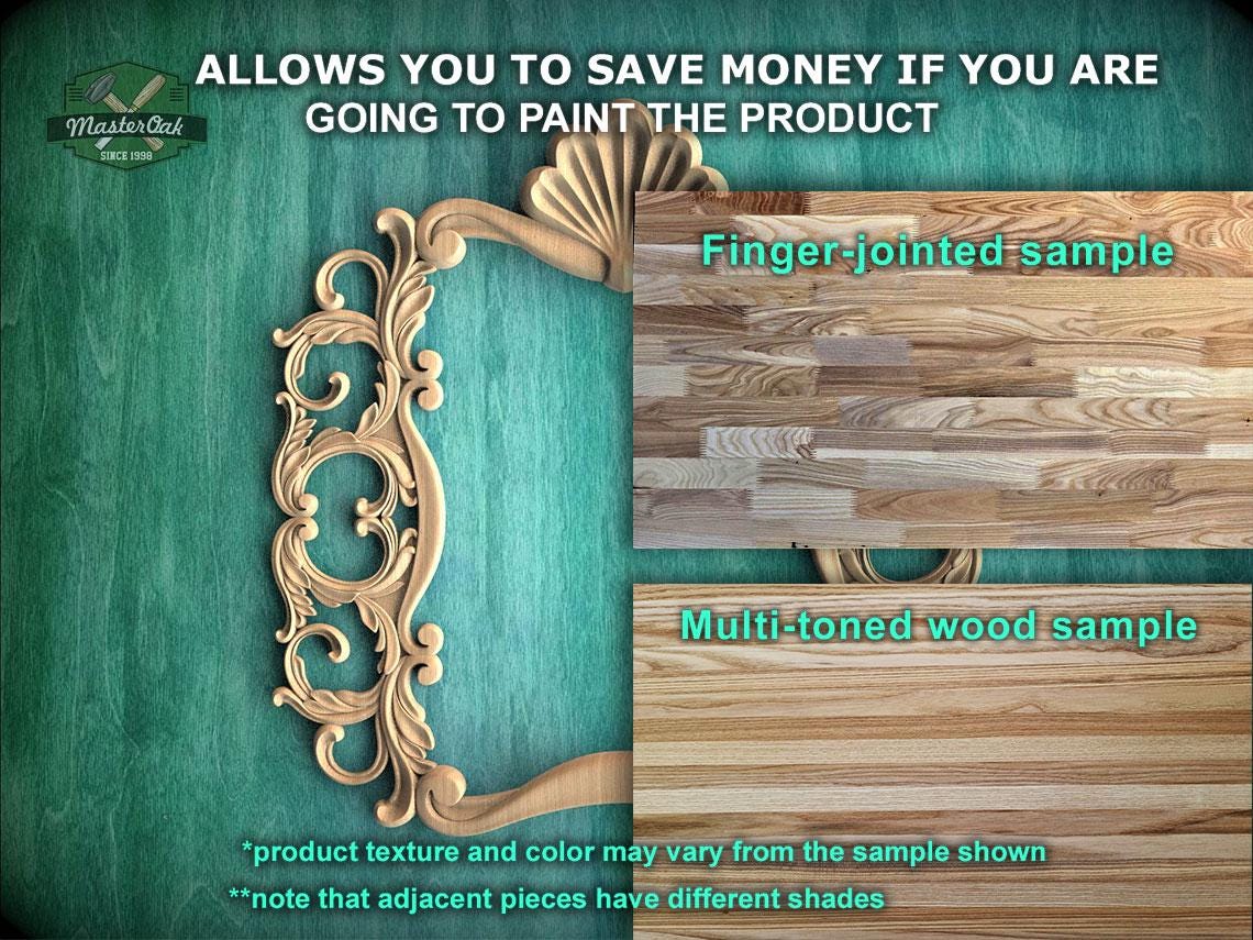 The image is a promotional advertisement for Master Oak, a company that sells wood products. It features a close-up of a wooden frame with an ornate design, and a close-up of a wooden panel with a finger-jointed sample. The advertisement highlights the company's ability to save money by painting the product, and it provides examples of the product texture and color that can vary from the sample shown. The advertisement also mentions that adjacent pieces have different shades.