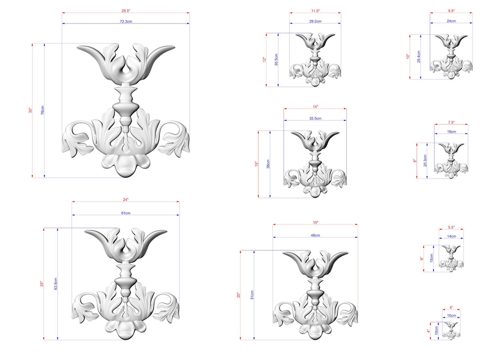 a collection of three-dimensional models of ornate, decorative objects, including a chandelier and a vase, each with detailed measurements and scale drawings.