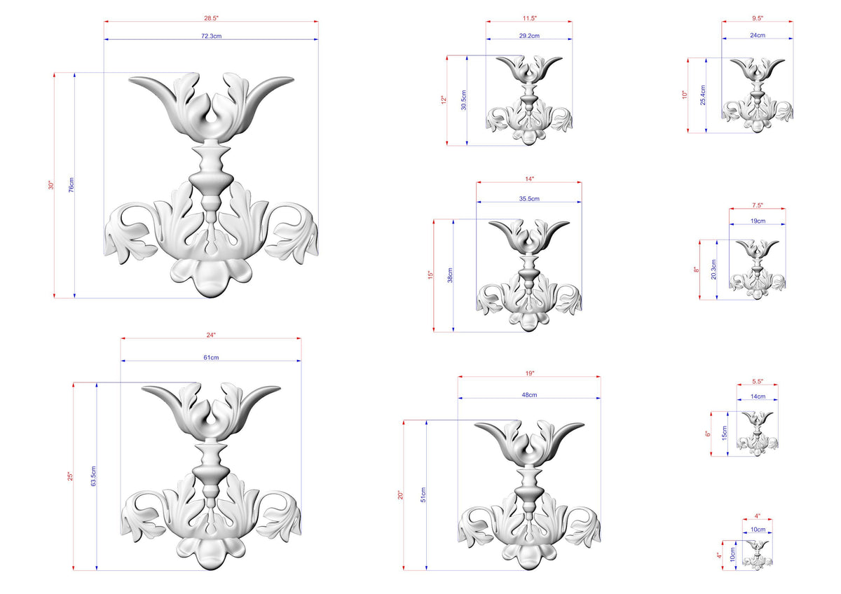 a collection of three-dimensional models of ornate, decorative objects, including a chandelier and a vase, each with detailed measurements and scale drawings.
