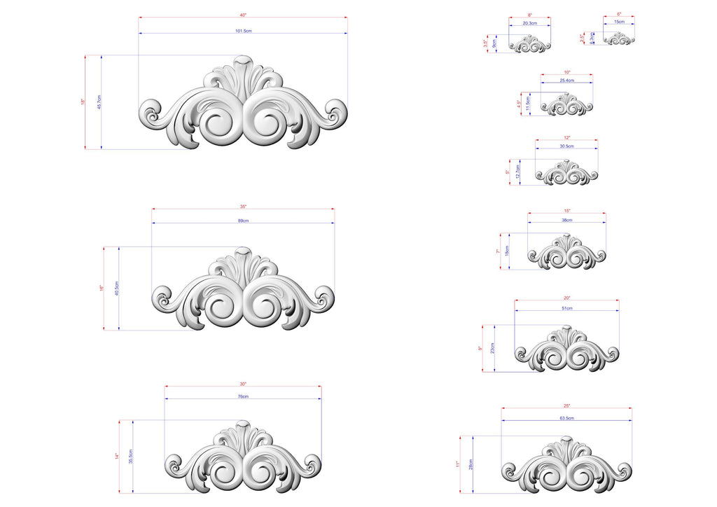 a series of decorative scrollwork designs, each accompanied by a set of measurements in millimeters. The designs vary in size, ranging from small to large, and are arranged in a grid-like pattern. The measurements provide a visual representation of the scrollwork's dimensions, allowing for a clear understanding of the scale and proportions of each design.