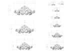 a series of decorative scrollwork designs, each accompanied by a set of measurements in millimeters. The designs vary in size, ranging from small to large, and are arranged in a grid-like pattern. The measurements provide a visual representation of the scrollwork's dimensions, allowing for a clear understanding of the scale and proportions of each design.