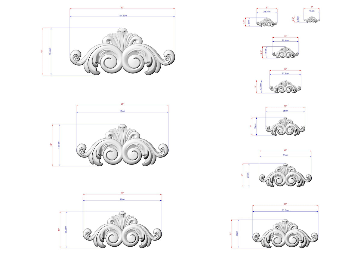 a series of decorative scrollwork designs, each accompanied by a set of measurements in millimeters. The designs vary in size, ranging from small to large, and are arranged in a grid-like pattern. The measurements provide a visual representation of the scrollwork's dimensions, allowing for a clear understanding of the scale and proportions of each design.