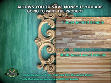 Load image into Gallery viewer, The image is a promotional advertisement for a product, specifically a multi-toned wood sample. It features a close-up of a wooden panel with a decorative scroll design, and a finger-jointed sample of the same wood. The text on the image provides information about the product, including that it allows for savings if the product is painted, and that the sample showcases the multi-toned wood texture and color variations.
