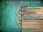 The image is a promotional advertisement for Master Oak Paint, featuring a green wooden wall with a decorative scroll design. The text on the image provides information about the paint product, including a "Finger-joined sample" and a "Multicolored wood sample". The text also mentions that the product texture and color may vary from the sample shown, and that adjacent pieces have different shades.