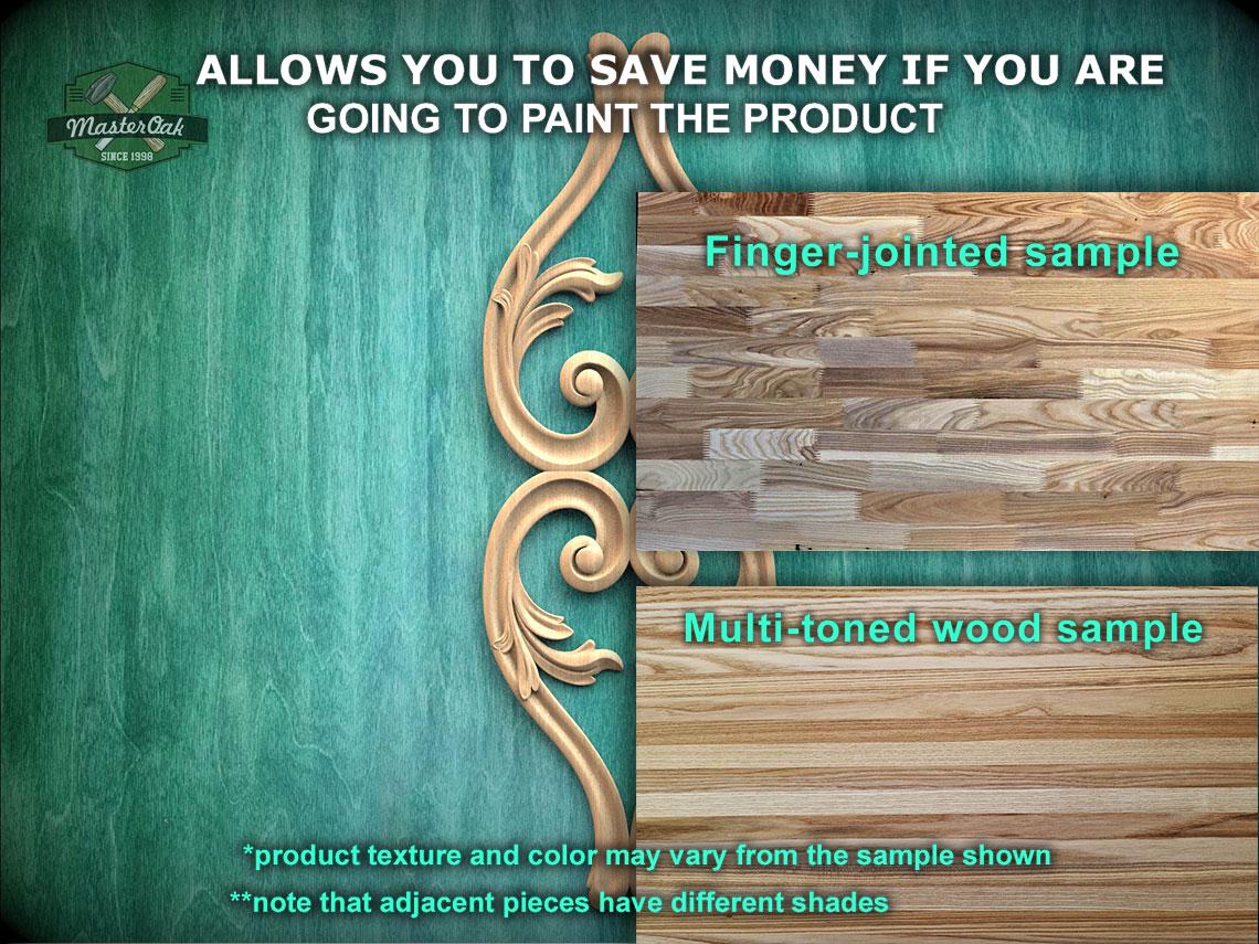 The image is a promotional advertisement for Master Oak Paint, featuring a green wooden wall with a decorative scroll design. The text on the image provides information about the paint product, including a "Finger-joined sample" and a "Multicolored wood sample". The text also mentions that the product texture and color may vary from the sample shown, and that adjacent pieces have different shades.