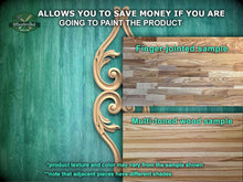 Load image into Gallery viewer, The image is a promotional advertisement for Master Oak Paint, featuring a green wooden wall with a decorative scroll design. The text on the image provides information about the paint product, including a "Finger-joined sample" and a "Multicolored wood sample". The text also mentions that the product texture and color may vary from the sample shown, and that adjacent pieces have different shades.
