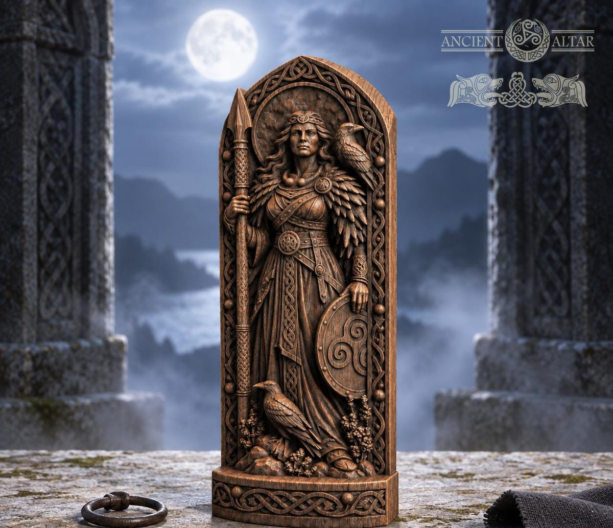 The Morrigan Statue with Ravens, Wooden Celtic Goddess Figurine, Irish Mythology Altar Decor, Pagan Warrior Goddess Gift