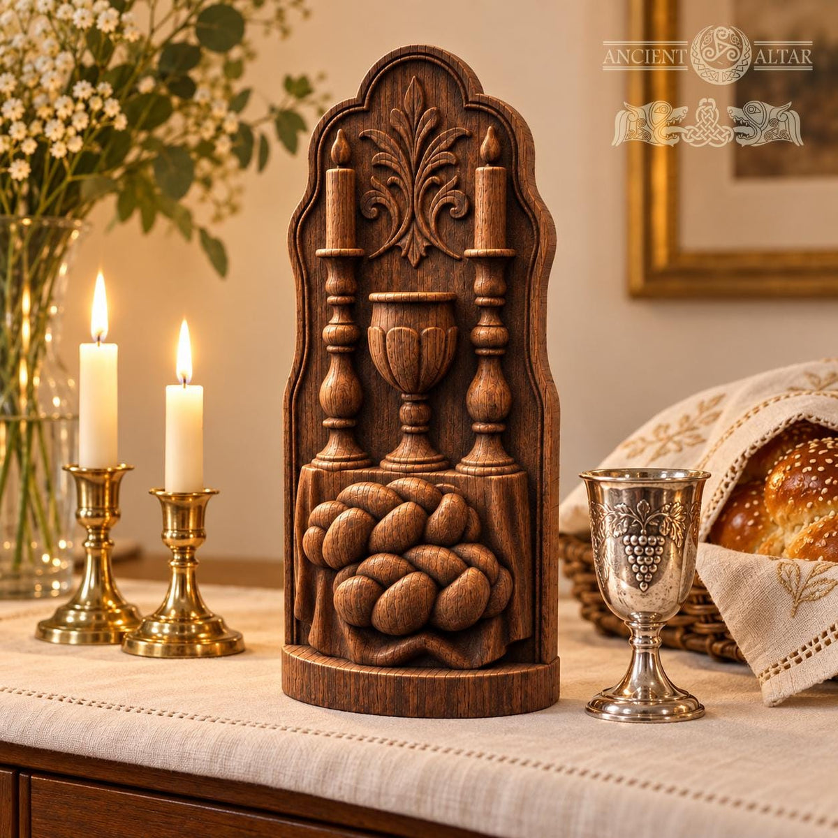 Shabbat Table Oak Wood Sculpture, Challah Kiddush Cup and Candles Relief, Judaica Home Decor, Jewish Wedding Gift