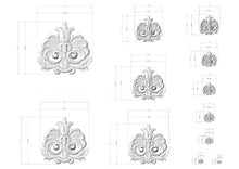 Load image into Gallery viewer, a collection of various sizes of ornate, decorative designs, likely representing a 3D model or a digital illustration. The designs are in a white color and appear to be in a 3D format, suggesting they are meant to be viewed from multiple angles. The image does not contain any text or additional information beyond the size and scale of the designs.
