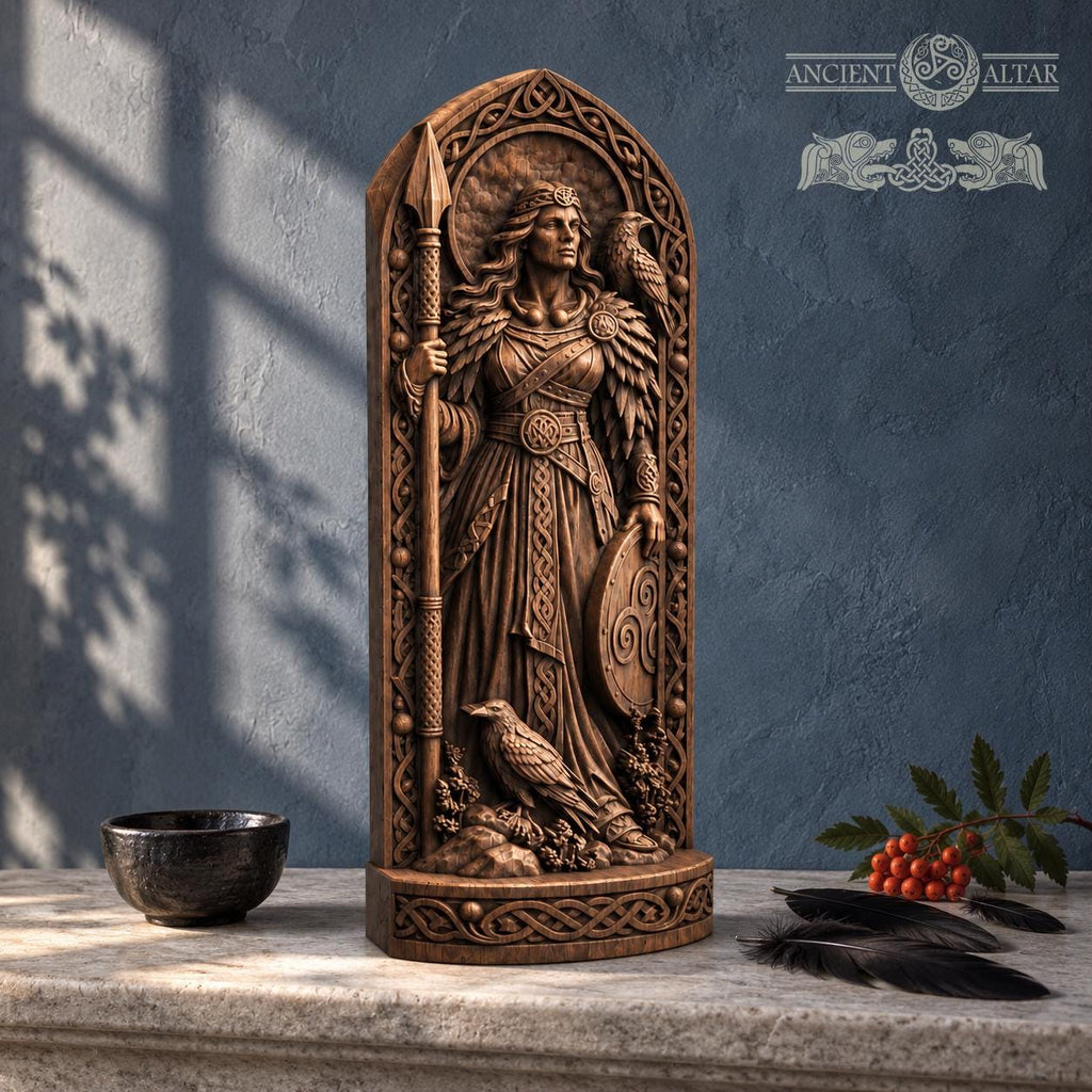 The Morrigan Statue with Ravens, Wooden Celtic Goddess Figurine, Irish Mythology Altar Decor, Pagan Warrior Goddess Gift