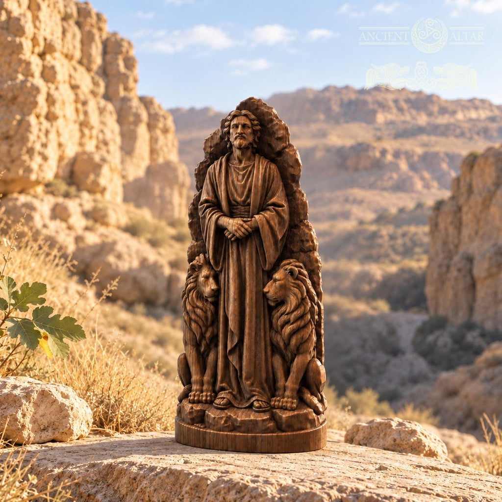 Daniel in the Lions Den Statue, Solid Oak Biblical Sculpture, Prophet with Two Lions, Judaica Home Decor, Religious Gift