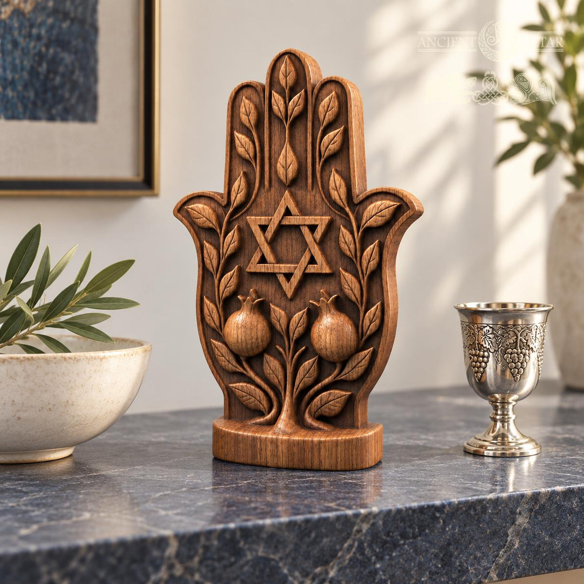 Hamsa Hand with Star of David, Solid Oak Sculpture with Pomegranates, Jewish Home Decor, Judaica Wedding and Housewarming Gift