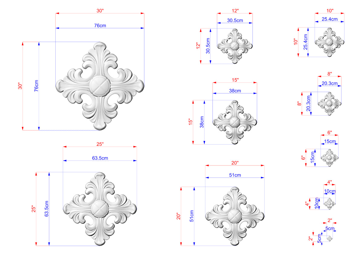various sizes of ornate, decorative designs, likely for a project or collection. The designs are depicted in a detailed manner, with measurements and scale provided. The image is not a collage of multiple images, but rather a single image that showcases the different sizes and details of the ornate designs.