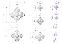 Load image into Gallery viewer, various sizes of ornate, decorative designs, likely for a project or collection. The designs are depicted in a detailed manner, with measurements and scale provided. The image is not a collage of multiple images, but rather a single image that showcases the different sizes and details of the ornate designs.
