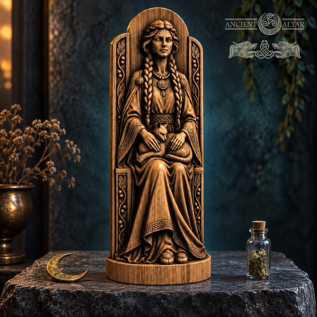 Freya Cat Altar Statue, Oak Norse Mythology Sculpture, Seated Scandinavian Goddess, Viking Witch Decor, Nordic Pagan Gift