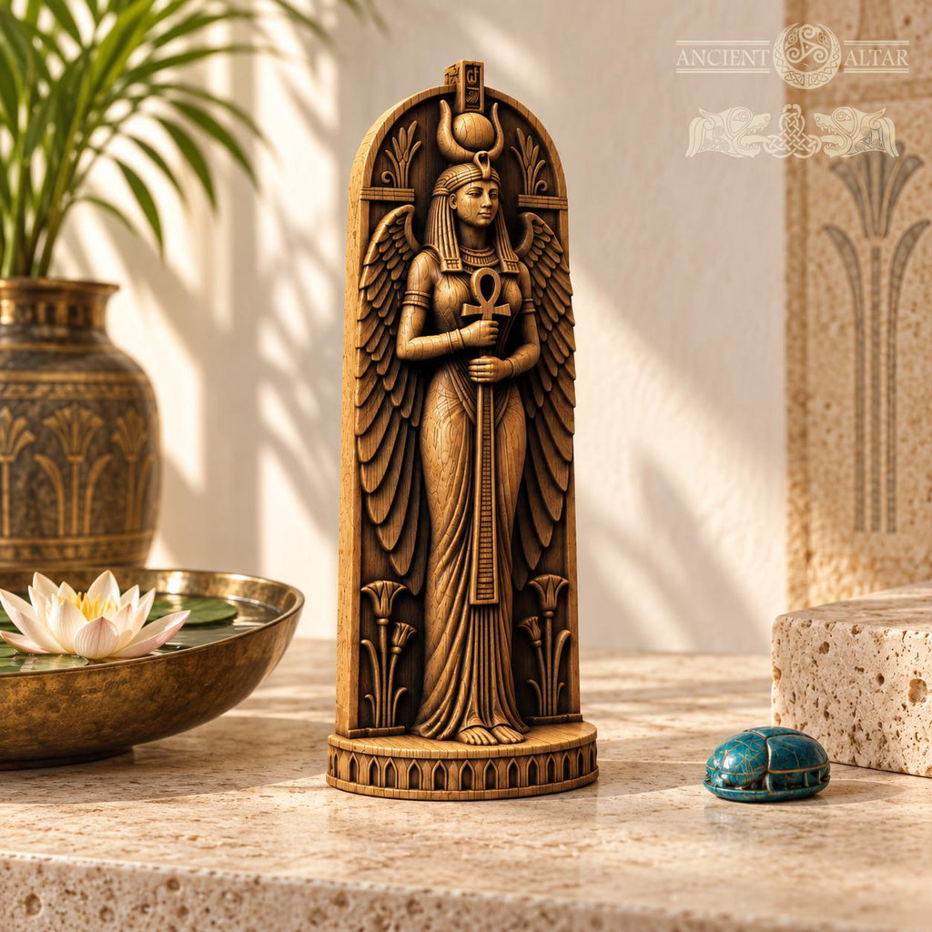 Isis Statue with Ankh, Winged Egyptian Goddess in Oak Wood, Pagan Altar Sculpture, Ancient Egypt Decor, Mythology Gift