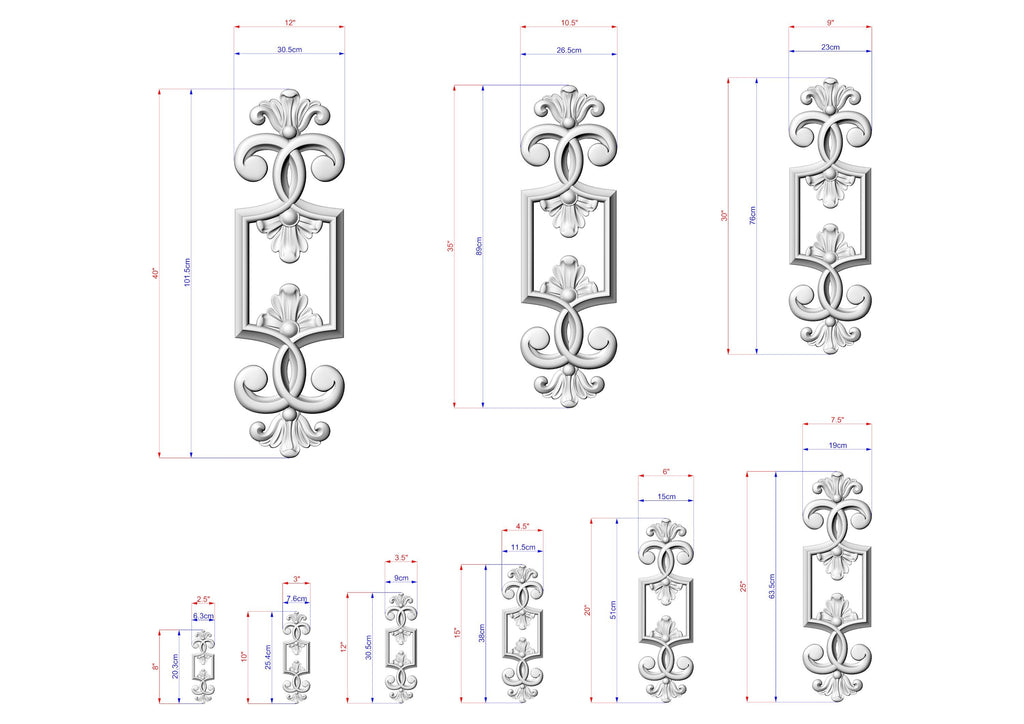 a collection of ornate, decorative metal designs with intricate scrollwork and floral elements. The designs are shown in various sizes, ranging from small to large, and are accompanied by detailed measurements in millimeters. The image does not contain any text, and the descriptions provided are concise and focused on the visual content of the image.