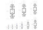 a collection of ornate, decorative metal designs with intricate scrollwork and floral elements. The designs are shown in various sizes, ranging from small to large, and are accompanied by detailed measurements in millimeters. The image does not contain any text, and the descriptions provided are concise and focused on the visual content of the image.