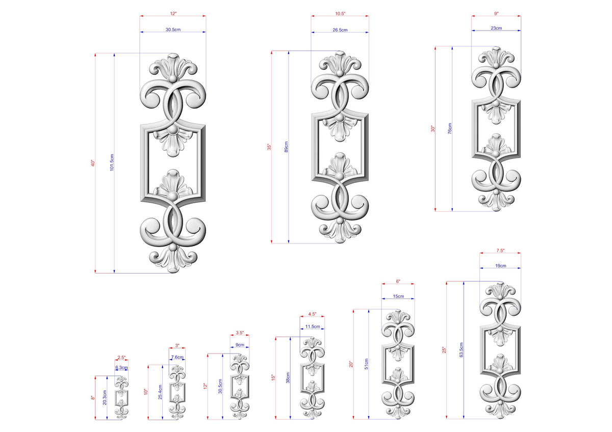 a collection of ornate, decorative metal designs with intricate scrollwork and floral elements. The designs are shown in various sizes, ranging from small to large, and are accompanied by detailed measurements in millimeters. The image does not contain any text, and the descriptions provided are concise and focused on the visual content of the image.