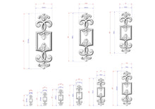 Load image into Gallery viewer, a collection of ornate, decorative metal designs with intricate scrollwork and floral elements. The designs are shown in various sizes, ranging from small to large, and are accompanied by detailed measurements in millimeters. The image does not contain any text, and the descriptions provided are concise and focused on the visual content of the image.
