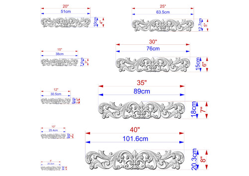 a series of ornate designs, each with its own unique size and shape. The designs are depicted in various sizes, ranging from small to large, and are accompanied by their respective measurements. The image is a collection of different designs, showcasing the diversity and intricacy of the patterns.