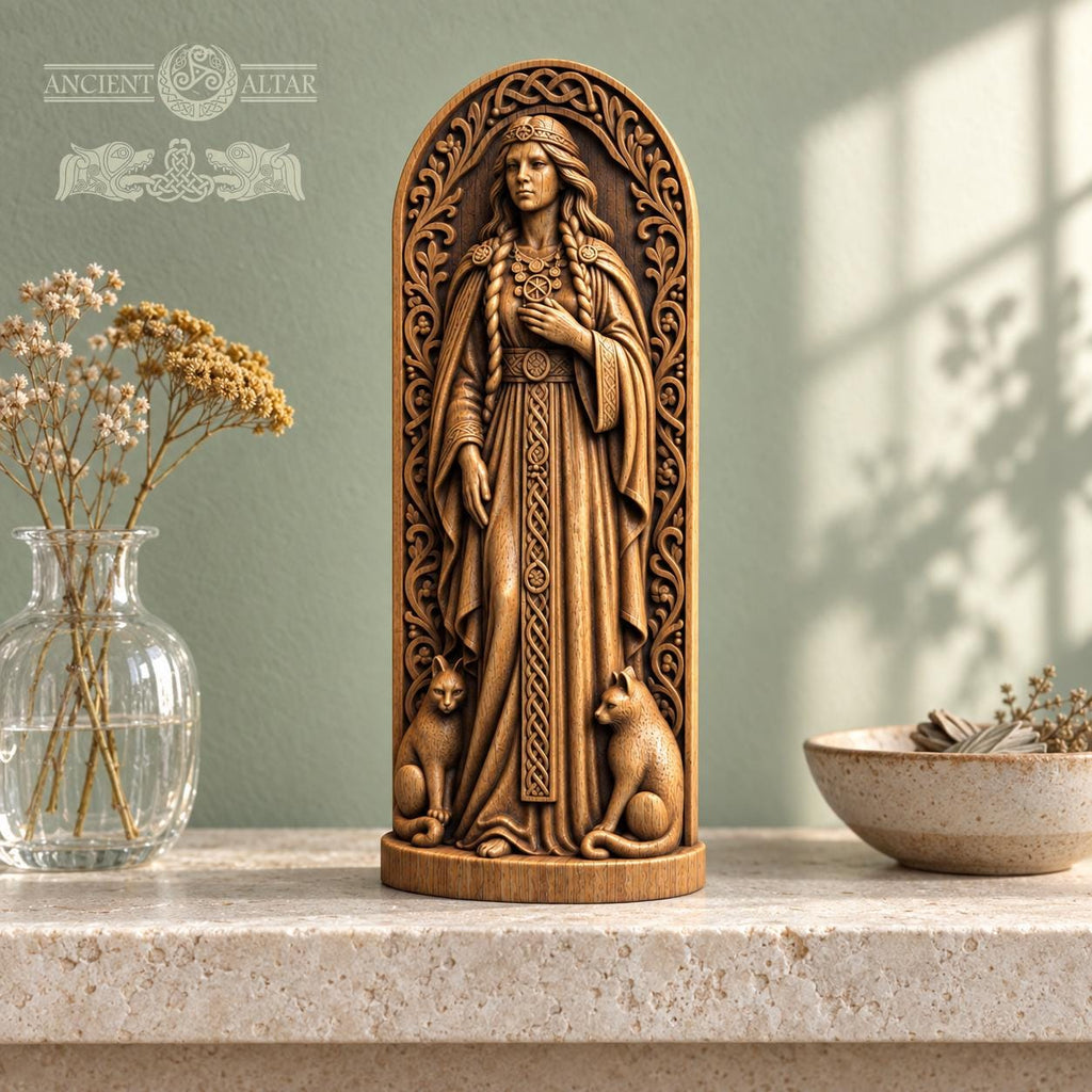 Freyja Statue with Cats, Wooden Norse Goddess Figurine, Viking Pagan Altar Decor, Freya Sculpture, Scandinavian Mythology Gift