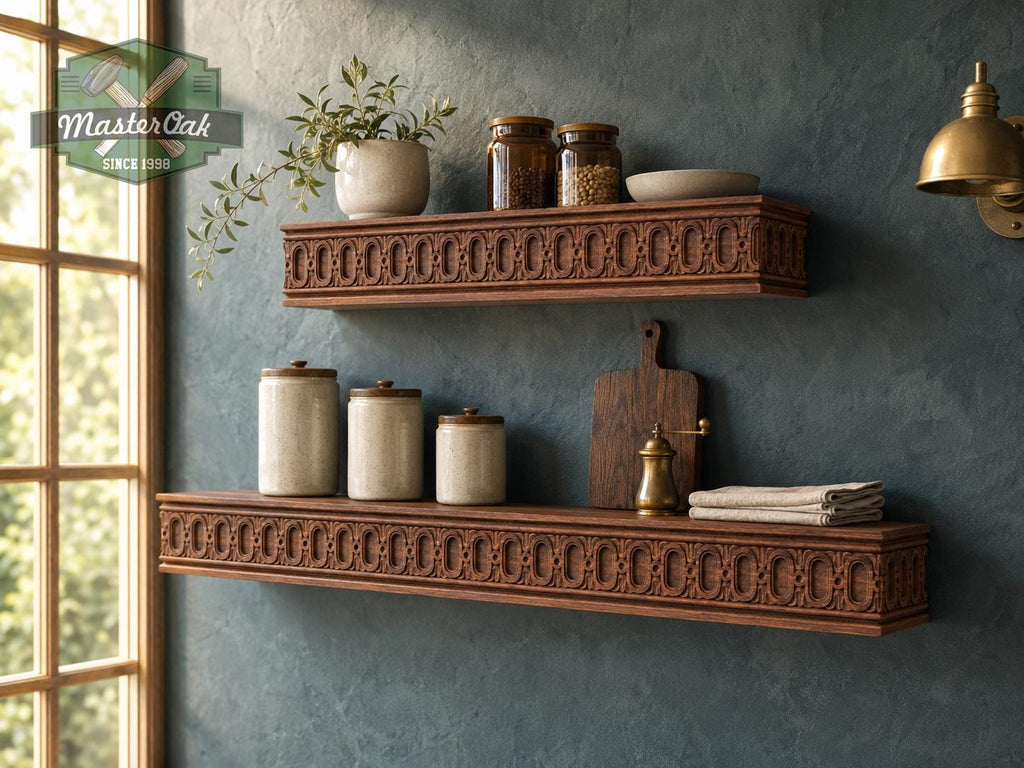 Carved Solid Oak Wall Shelf with Arched Pattern, Ornate Floating Shelf, Decorative Wood Display Shelf, Classical Home Decor