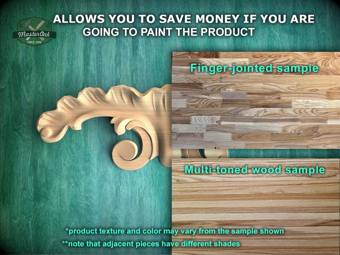 The image is a comparison of two different types of wood samples, one being a finger-jointed sample and the other being a multi-toned wood sample. The finger-jointed sample is shown on a green background, while the multi-toned wood sample is shown on a blue background. The text in the image provides information about the samples, stating that they allow you to save money if you are going to paint the product.