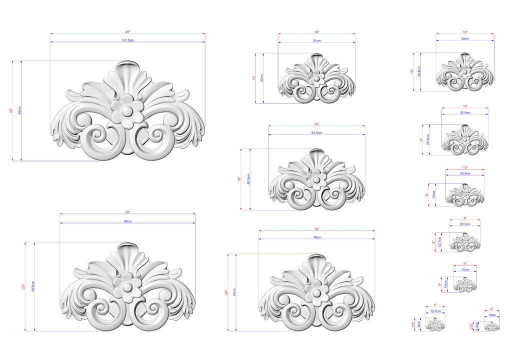 a collection of ornate, decorative designs in a 3D style, with measurements and scale details provided. The designs are in various sizes and orientations, showcasing the intricate details and craftsmanship.