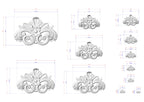 a collection of ornate, decorative designs in a 3D style, with measurements and scale details provided. The designs are in various sizes and orientations, showcasing the intricate details and craftsmanship.