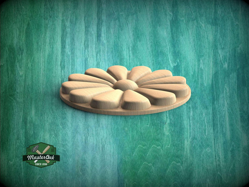 A wooden flower-shaped object is displayed against a teal-colored background.