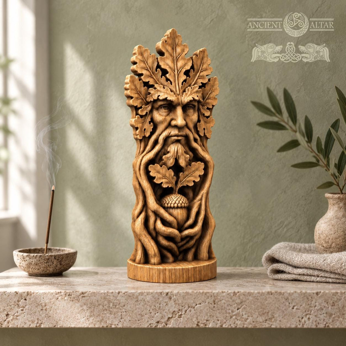 Green Man Acorn Keeper, Oak Wood Tree Spirit Statue, Leaf Face and Twisted Roots Sculpture, Woodland Decor, Pagan Altar Gift