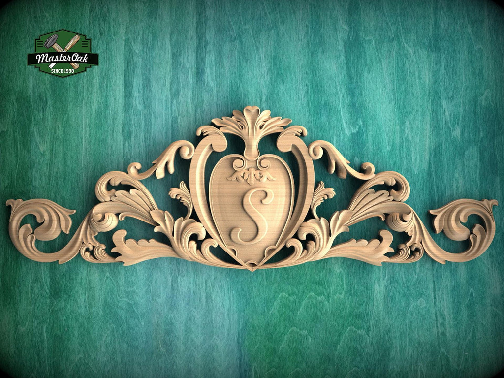 Personalized Baroque Style Carved Wood Onlay with Cartouche, Ornate Wood Crest Onlay Accent, Furniture Carving, Wood Onlay, 1pc, Unpainted