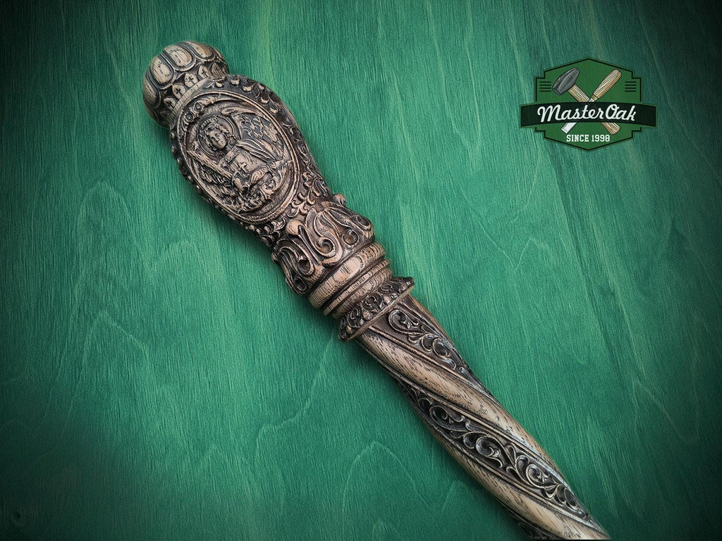 Carved Wood Cane with Archangel Michael – Christian Walking Staff Decor, Painted, religion stick