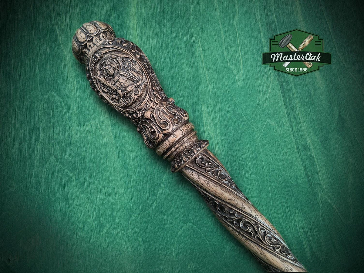 Carved Wood Cane with Archangel Michael – Christian Walking Staff Decor, Painted, religion stick