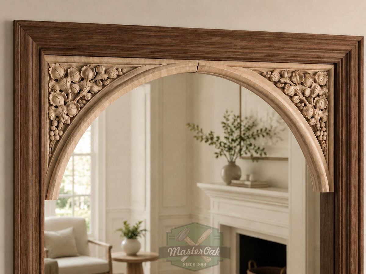 Victorian Gothic Arch Corner Onlays – Carved Wood Mirrored Floral Set of 2pcs