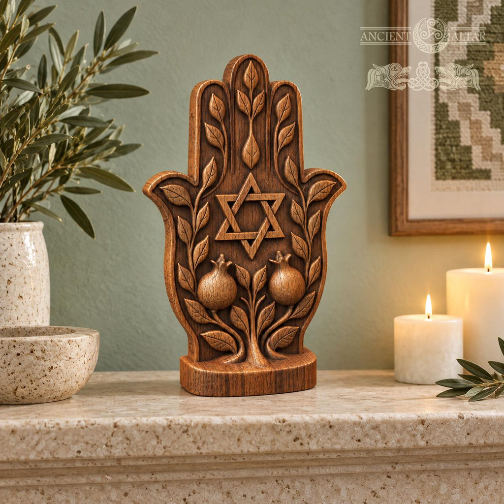 Hamsa Hand with Star of David, Solid Oak Sculpture with Pomegranates, Jewish Home Decor, Judaica Wedding and Housewarming Gift