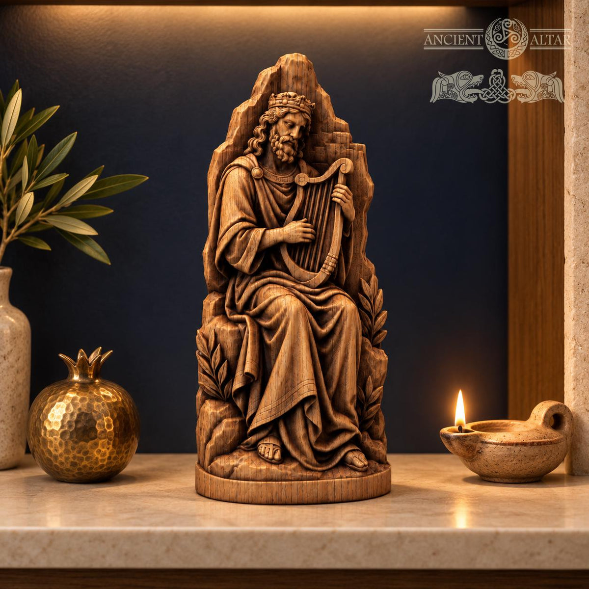 King David Playing Harp Statue, Solid Oak Biblical Sculpture, Seated Musician Figurine, Judaica Home Decor, Religious Gift