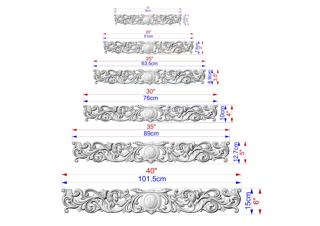Personalized Renaissance Inspired Horizontal Carved Onlay – Classical Scrollwork Applique, 1 pc, Unpainted, Furniture Embellishment