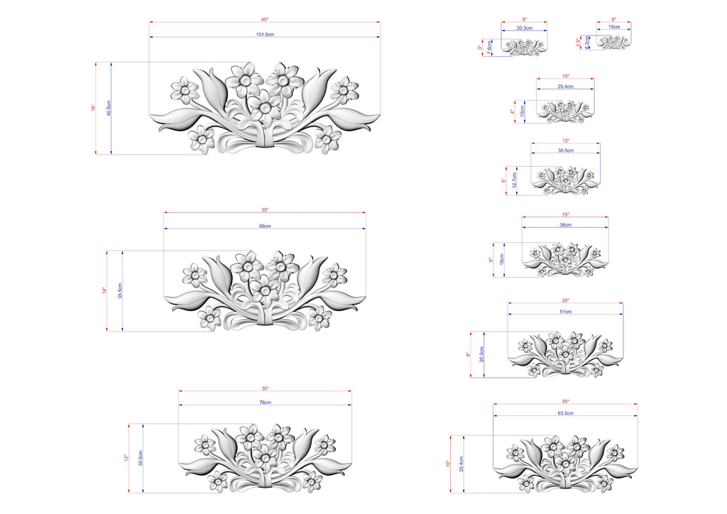 a series of floral designs, each with its own set of measurements and dimensions. The designs are depicted in a 3D style, showcasing the intricate details and craftsmanship of the floral elements. The image is a collection of various sizes and shapes, each representing a different stage or perspective of the design process.