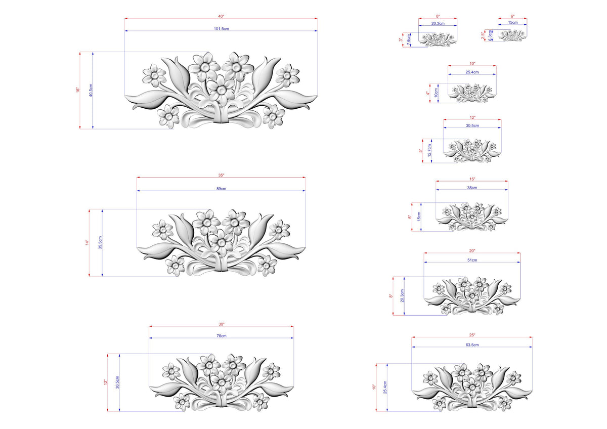 a series of floral designs, each with its own set of measurements and dimensions. The designs are depicted in a 3D style, showcasing the intricate details and craftsmanship of the floral elements. The image is a collection of various sizes and shapes, each representing a different stage or perspective of the design process.