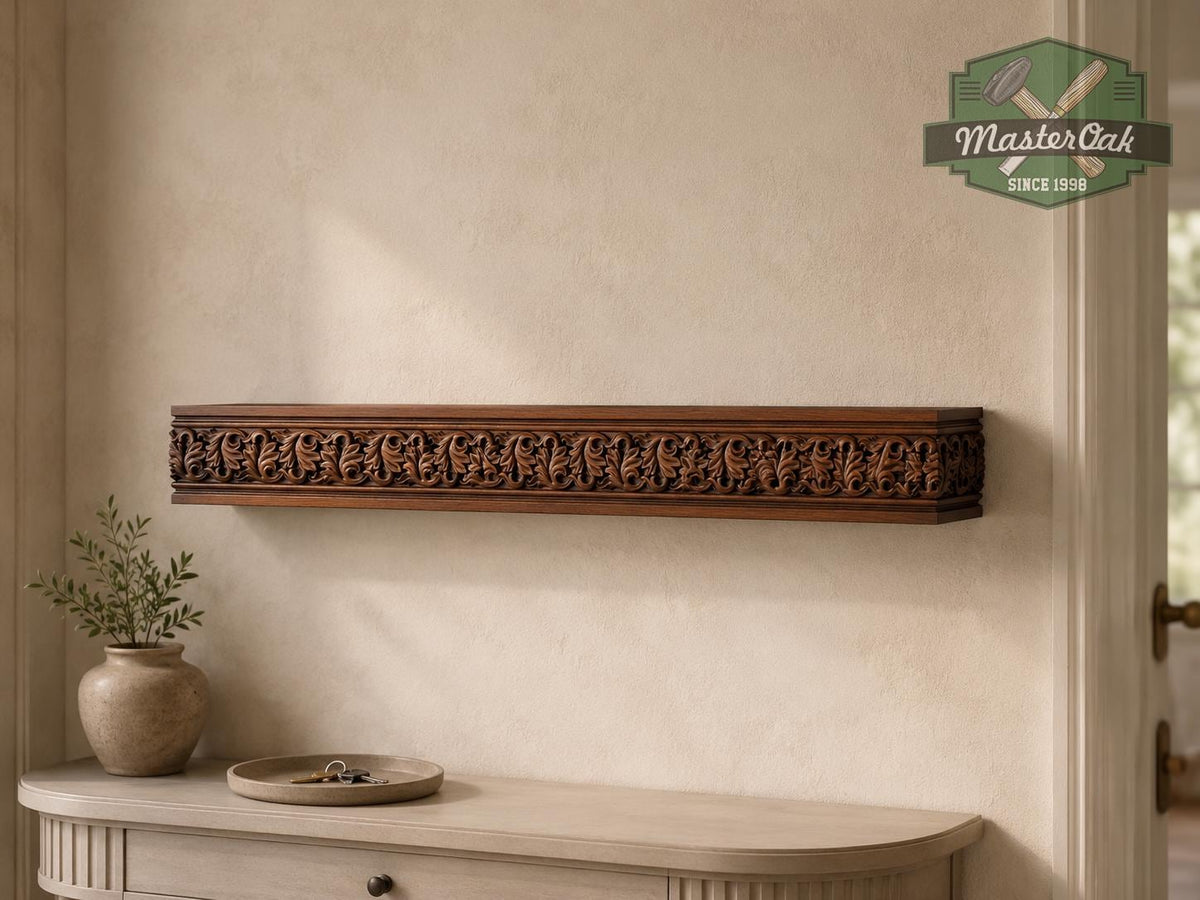 Carved Solid Oak Fireplace Mantel Shelf with Acanthus Leaves, Ornate Floating Wall Shelf, Classical Wood Home Decor
